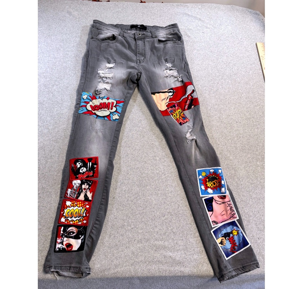 Y2K Pop Art Patchwork Distressed Jeans Comic Graphic BOOM BAM Custom Denim 32x32